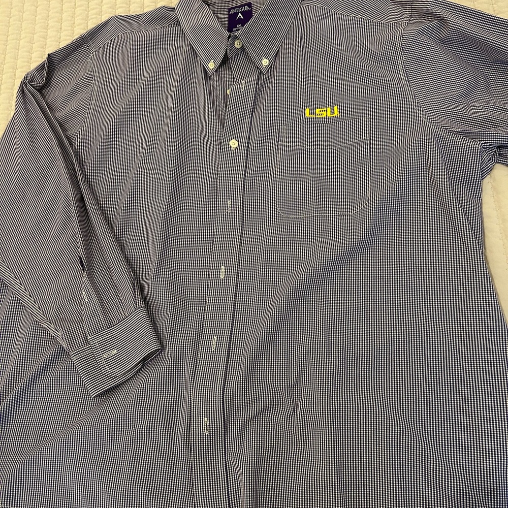 LSU Antigua Men's Purple and White Checkered Shirt with LSU Logo